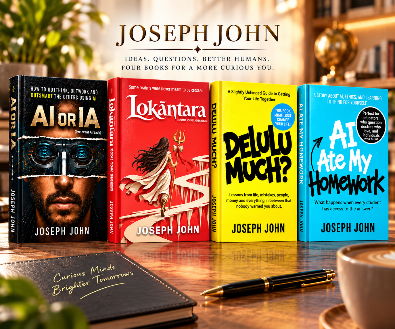 The four-book Joseph John collection — AI or IA, Lokantara, Delulu Much?, and AI Ate My Homework — on a desk with a notebook reading Curious Minds Brighter Tomorrows