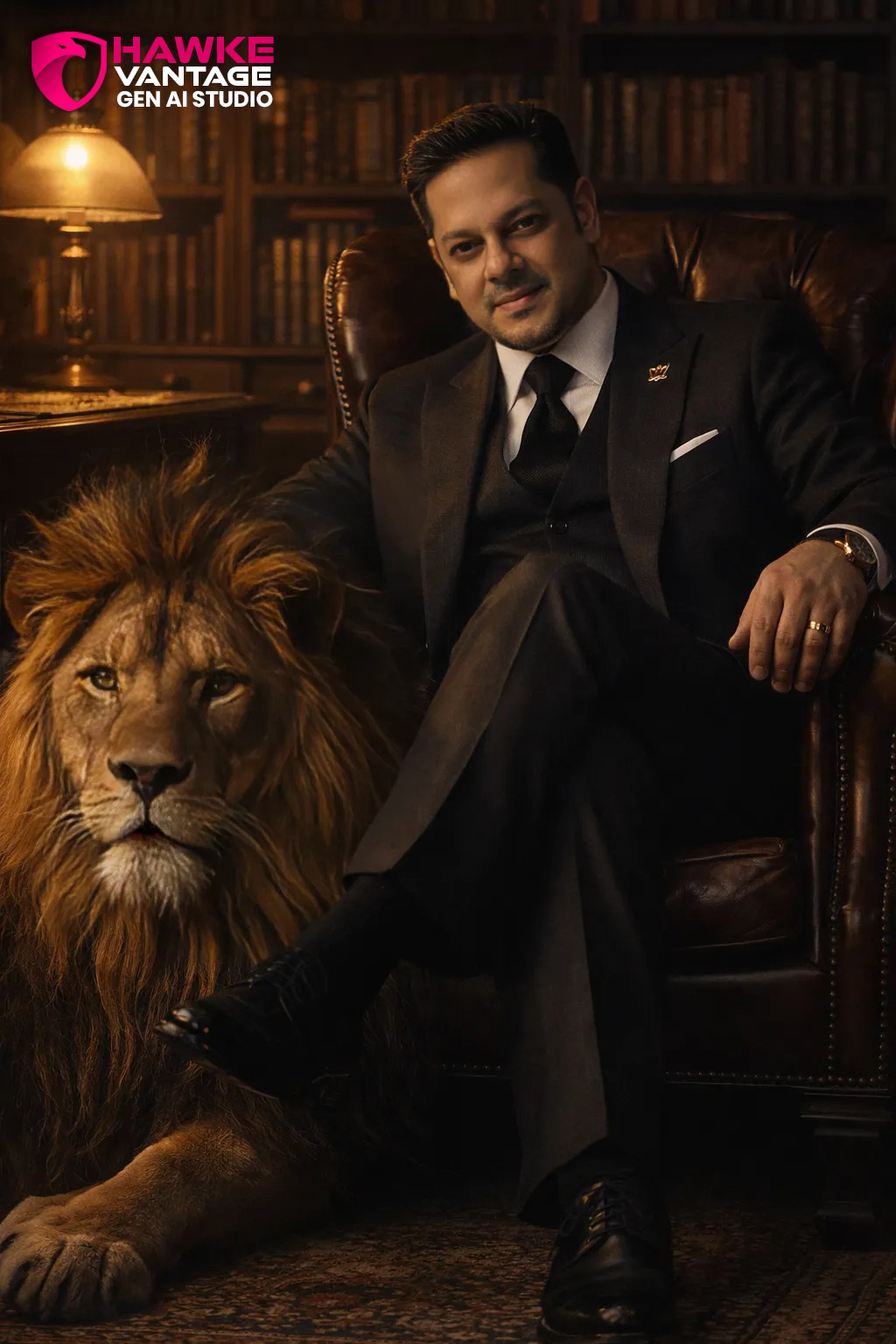 Hawke Vantage luxury portrait with lion AI artwork