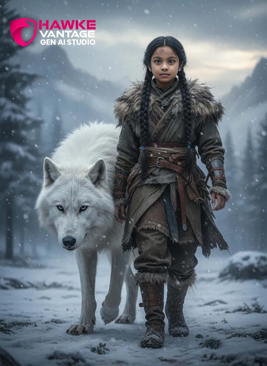 Hawke Vantage snow wolf fantasy AI artwork